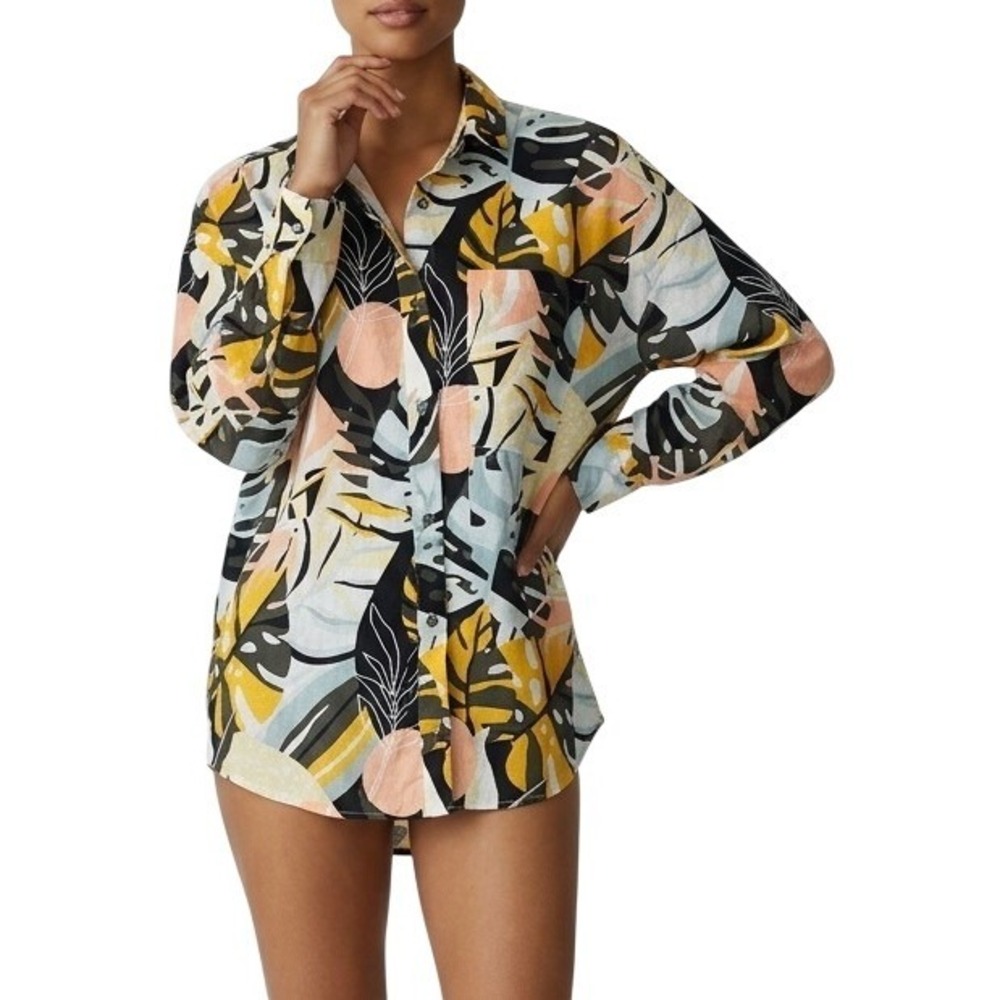 CALIA Button Up Shirt Women Tropical Leaf Size‎ M Multicolor Resort Swim Beach